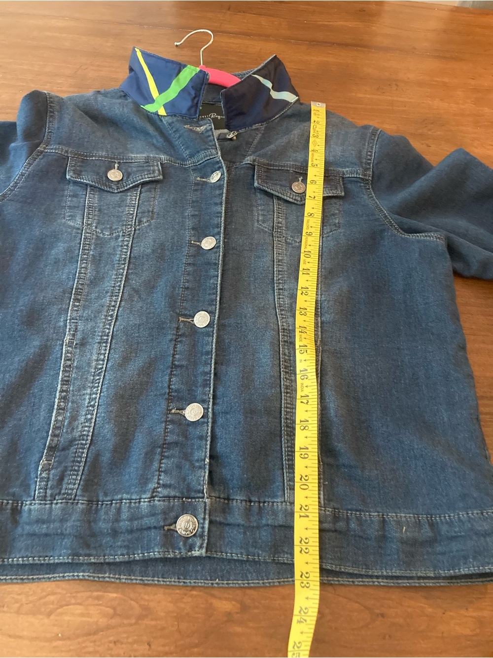 Denim Jacket with Bright Multicolor scarf Back Panel, cuffs and collar. - Picture 4 of 4